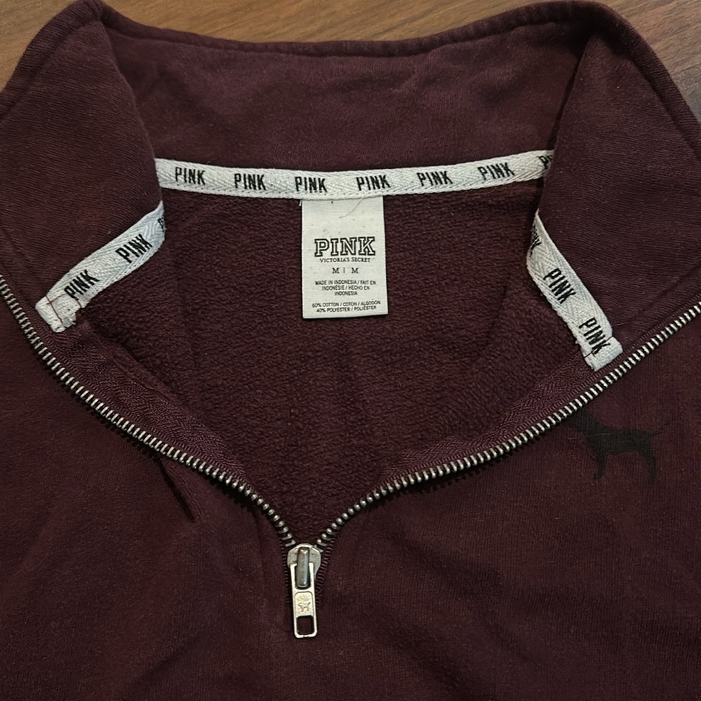 PINK by Victoria Secret 1/2 Zip Pullover Fleece-Burgundy with Black logos Medium - Picture 7 of 11